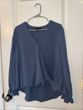 Frye Faux Wrap Shirt Women's blue blouse  drape v neck long sleeve size Large